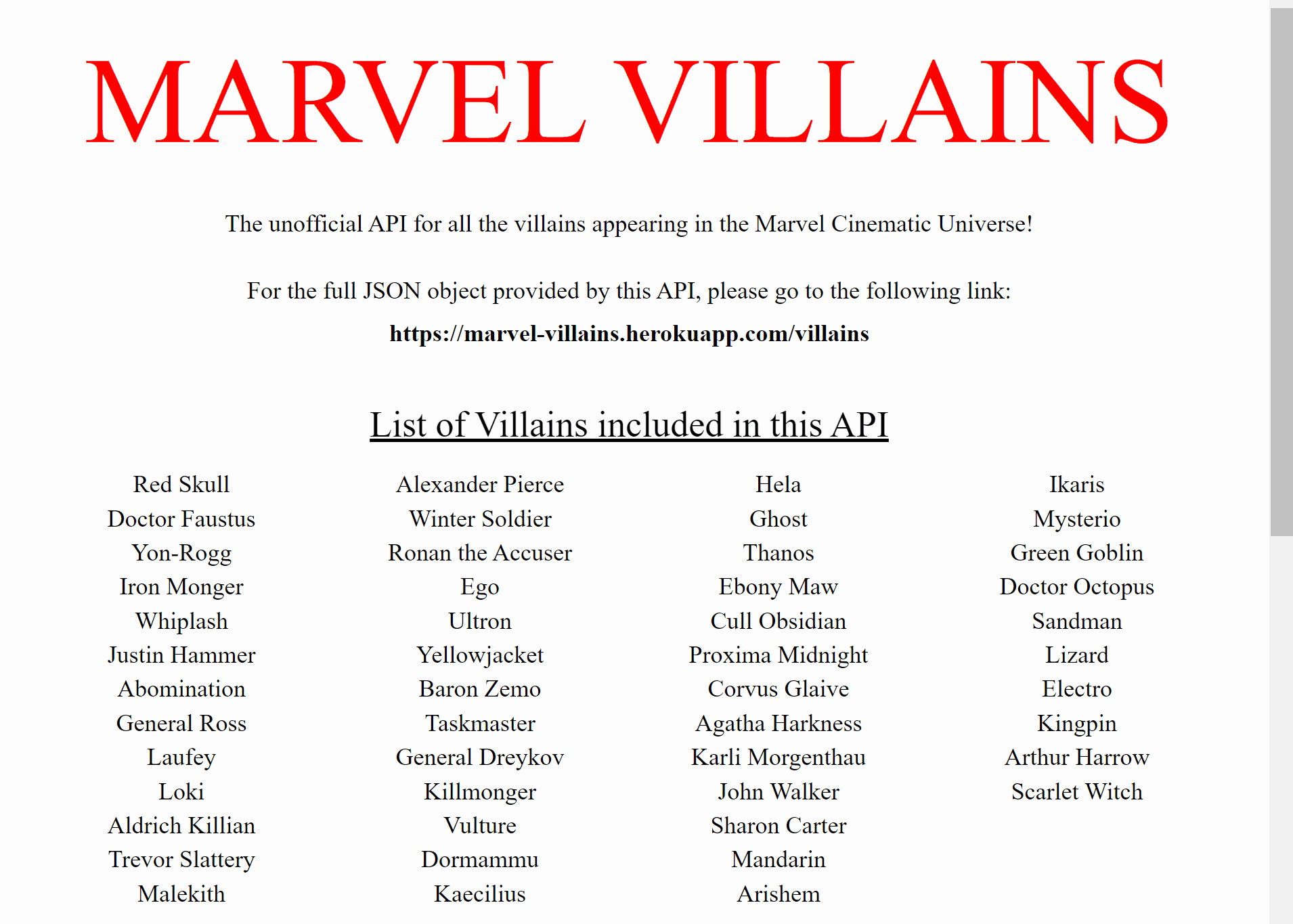 marvel villains API